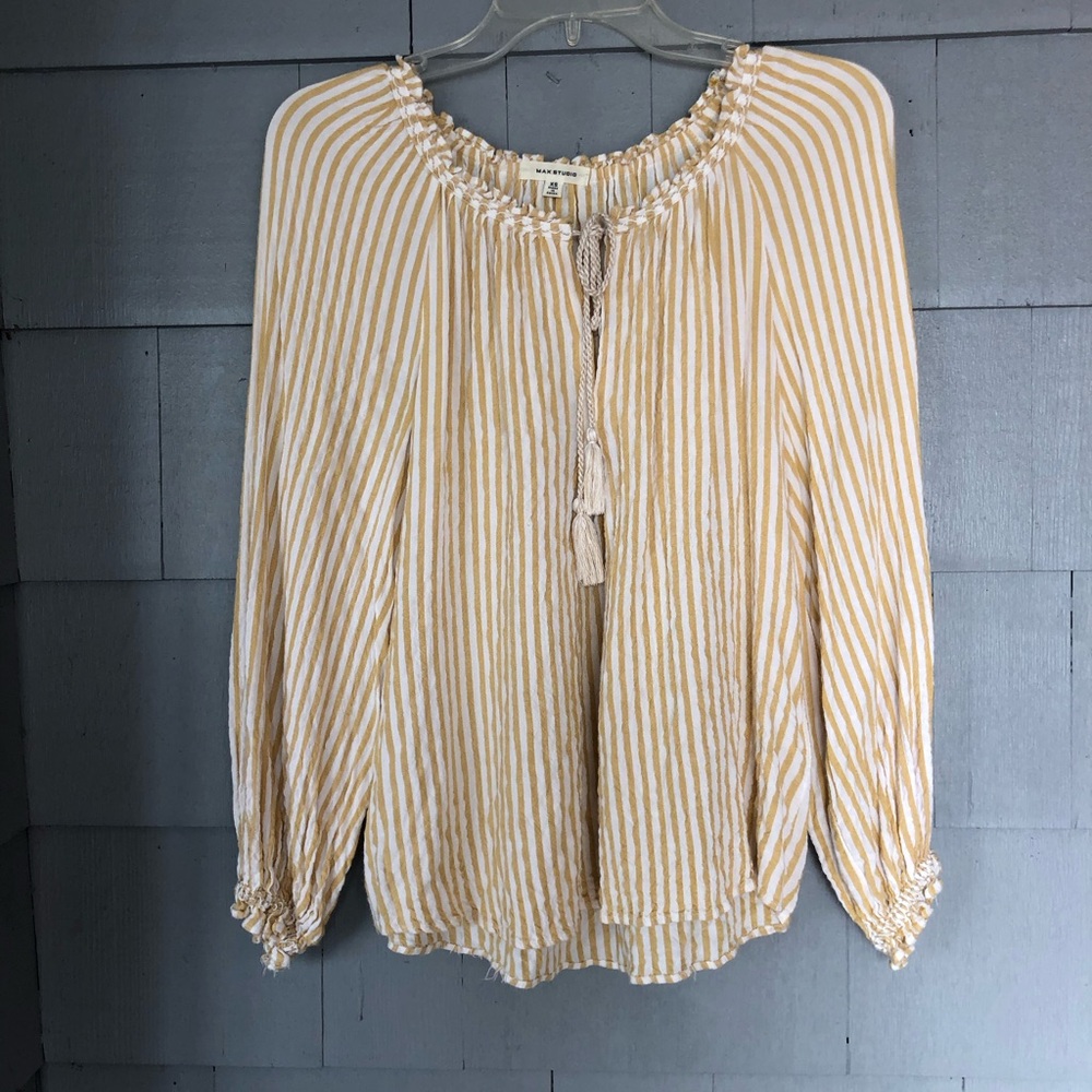 Max Studio Womens Tan and White Striped Loose Fit Keyhole Peasant Blouse xs
